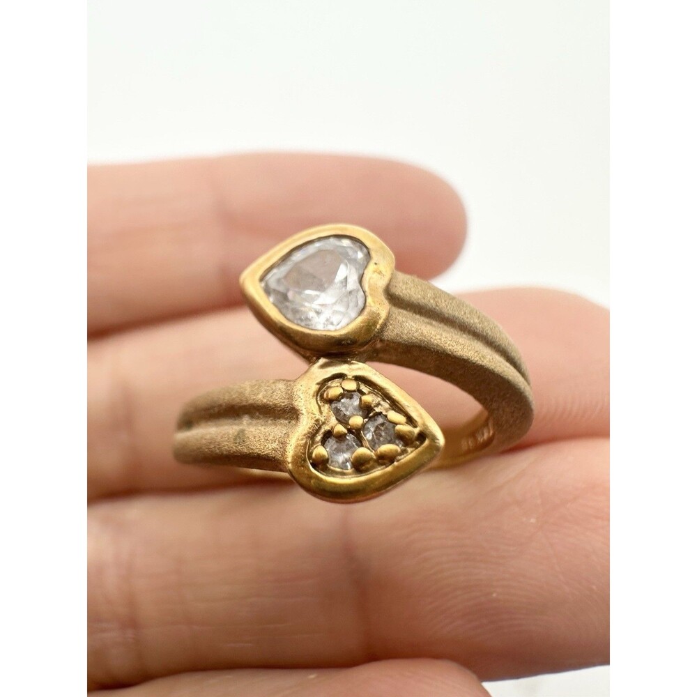 18kge Double Heart Crystal Bypass Ring Clear Stone Size 5.25